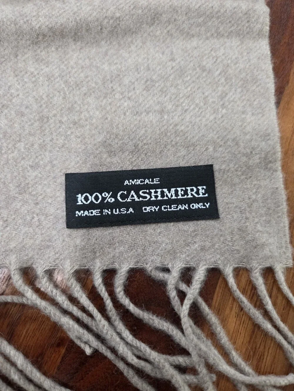 Vintage Amicale 100% Cahmere Made In USA Tan/Beige Scarf With Frindge